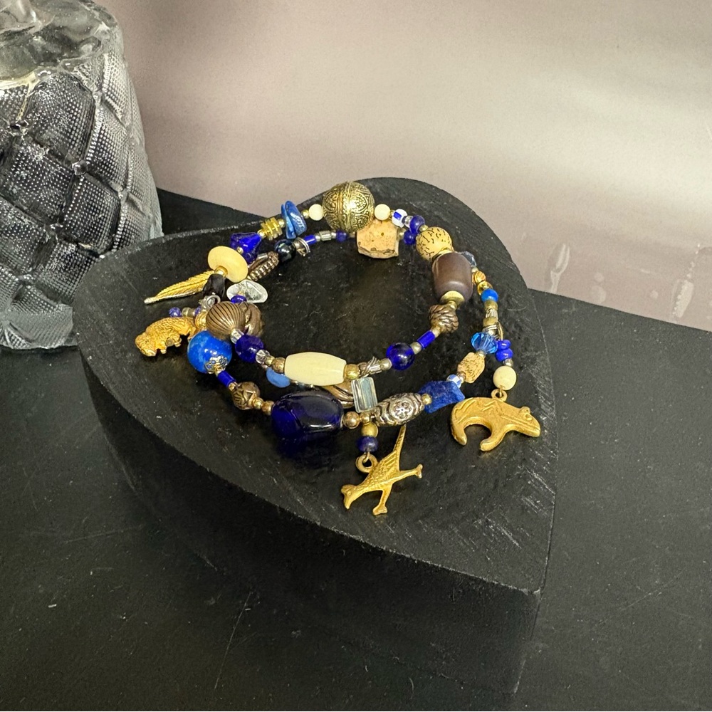 Double Wrap Gemstone Bracelet | Blue Beaded Gold Dangle Charms | Native American